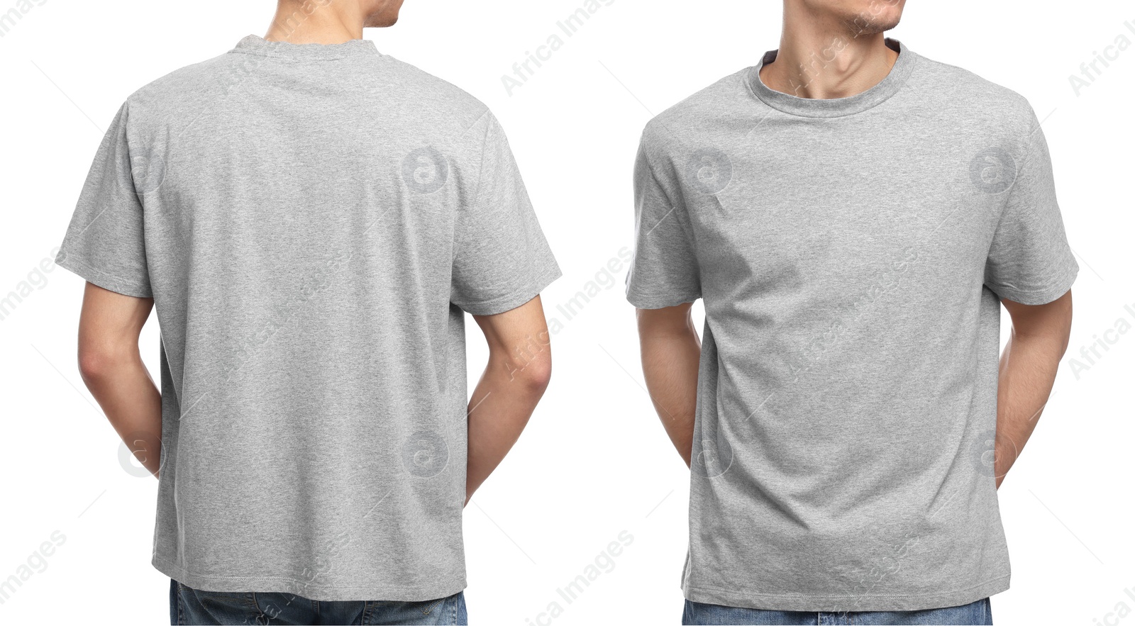 Image of Collage with photos of man in grey t-shirt on white background, closeup. Back and front views for mockup design