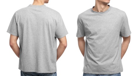 Image of Collage with photos of man in grey t-shirt on white background, closeup. Back and front views for mockup design