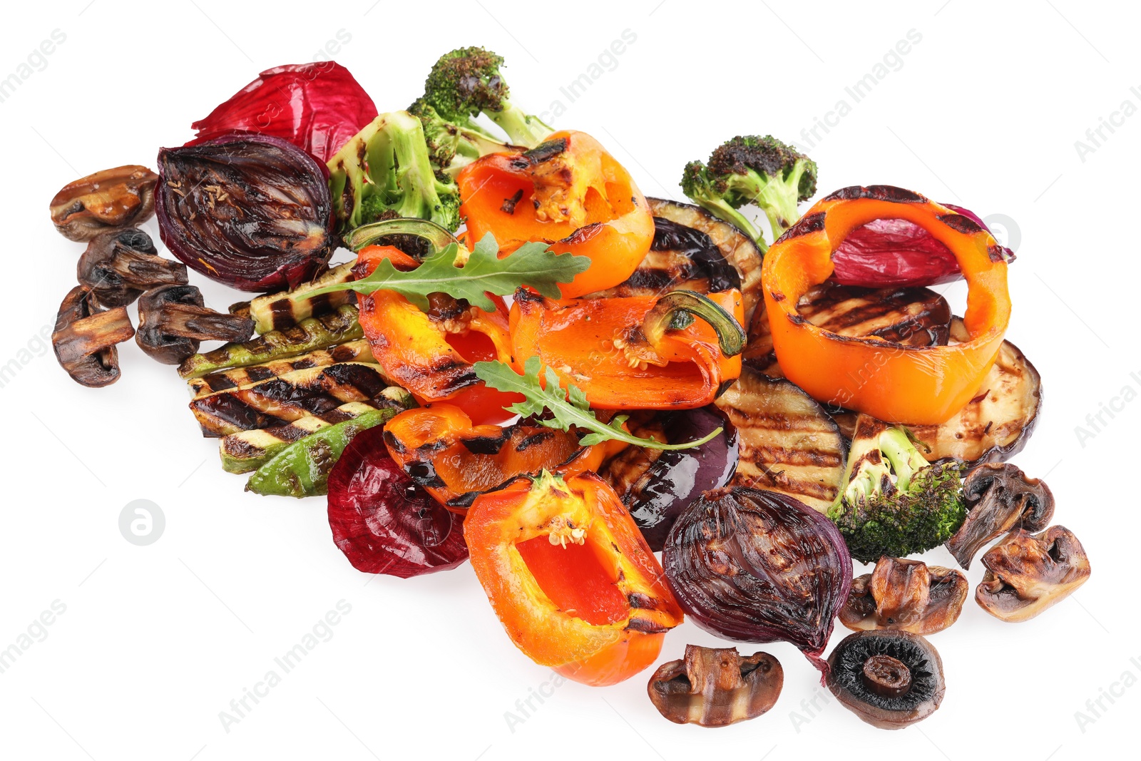 Photo of Different delicious grilled vegetables isolated on white