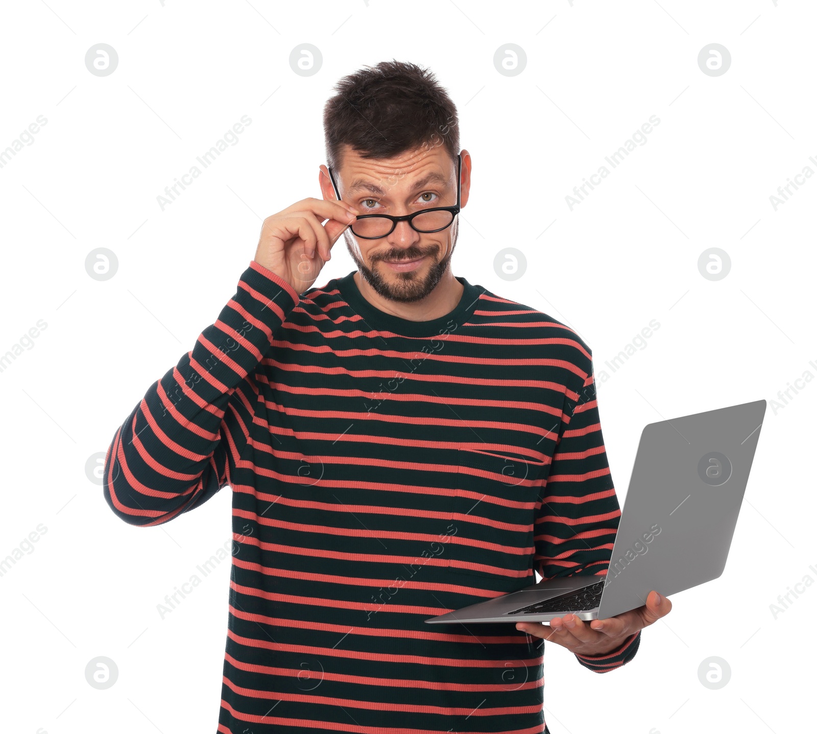 Photo of Handsome man with laptop on white background