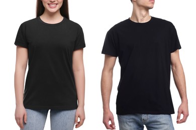 Image of People wearing black t-shirts on white background, closeup. Mockup for design