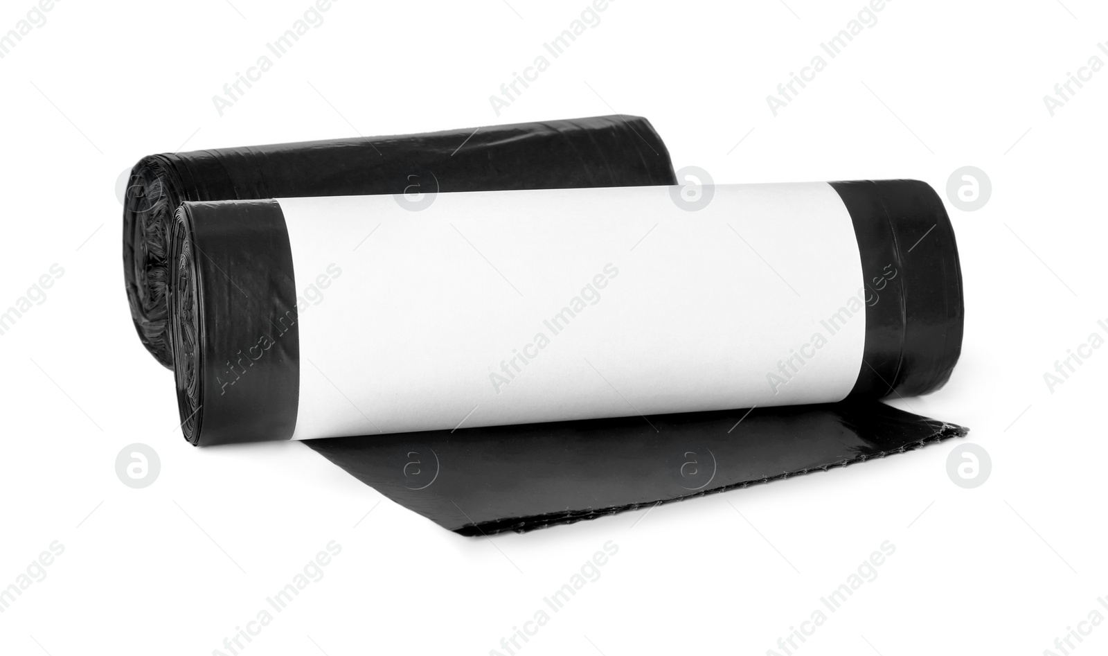 Photo of Rolls of black garbage bags isolated on white