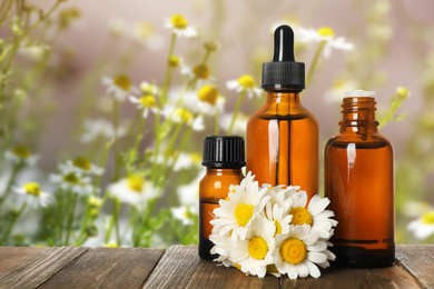 Image of Bottles of essential oil and chamomile flowers on wooden table against blurred background. Space for text