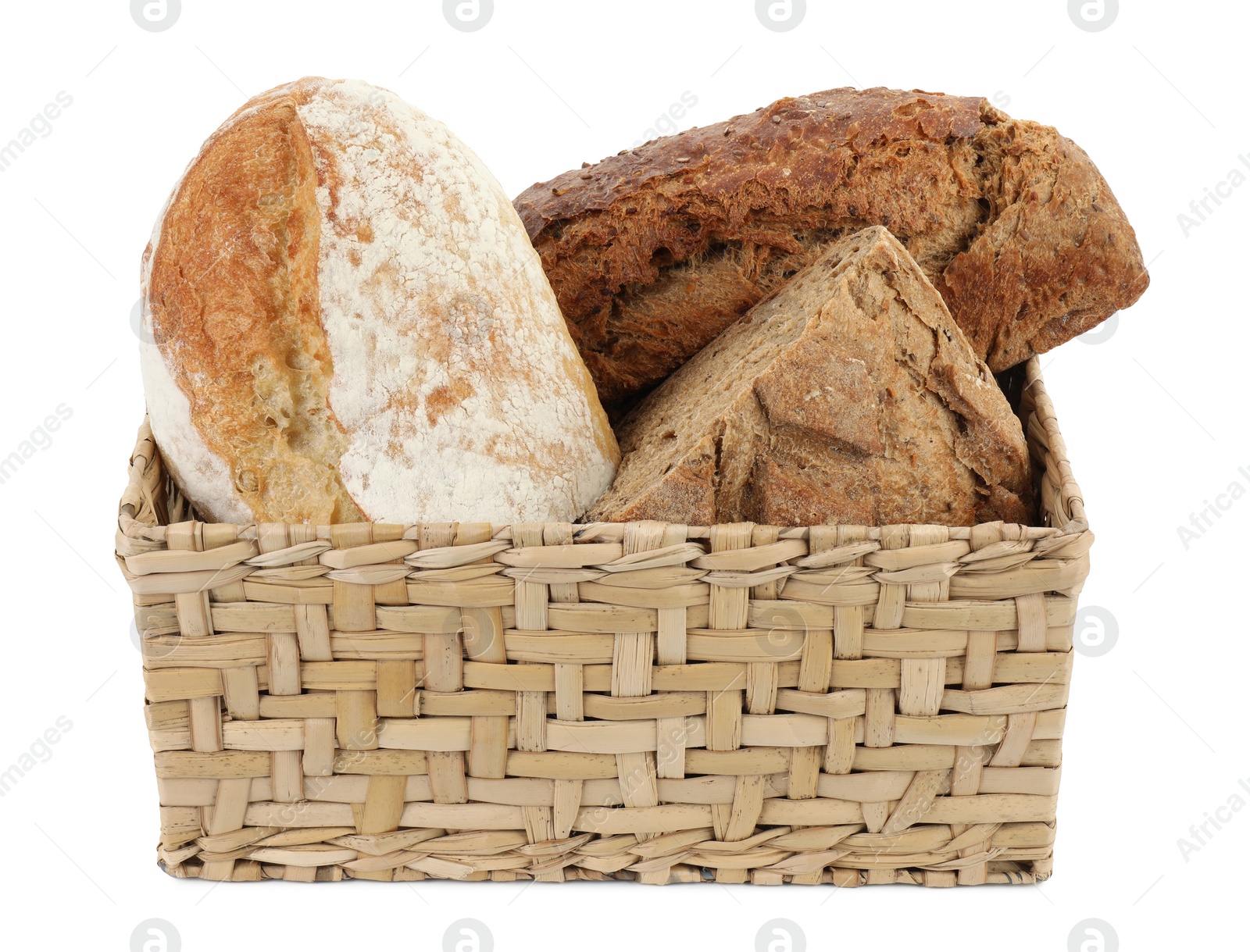 Photo of Basket with different types of fresh bread isolated on white