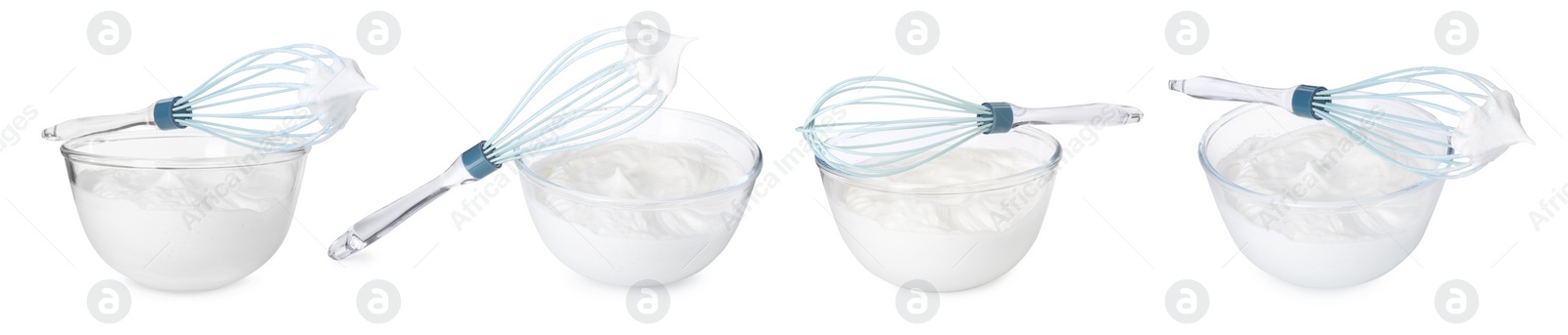 Image of Whisk and bowl with cream isolated on white, collage