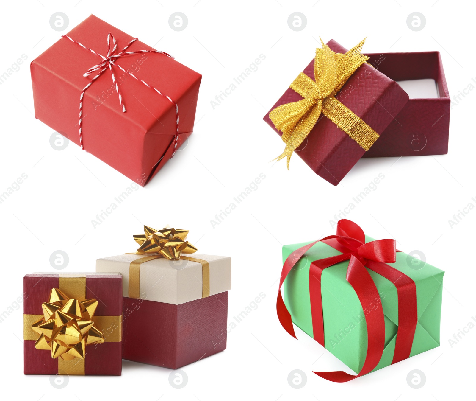 Image of Set of Christmas gift boxes on white background