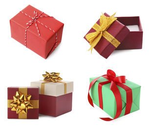 Image of Set of Christmas gift boxes on white background