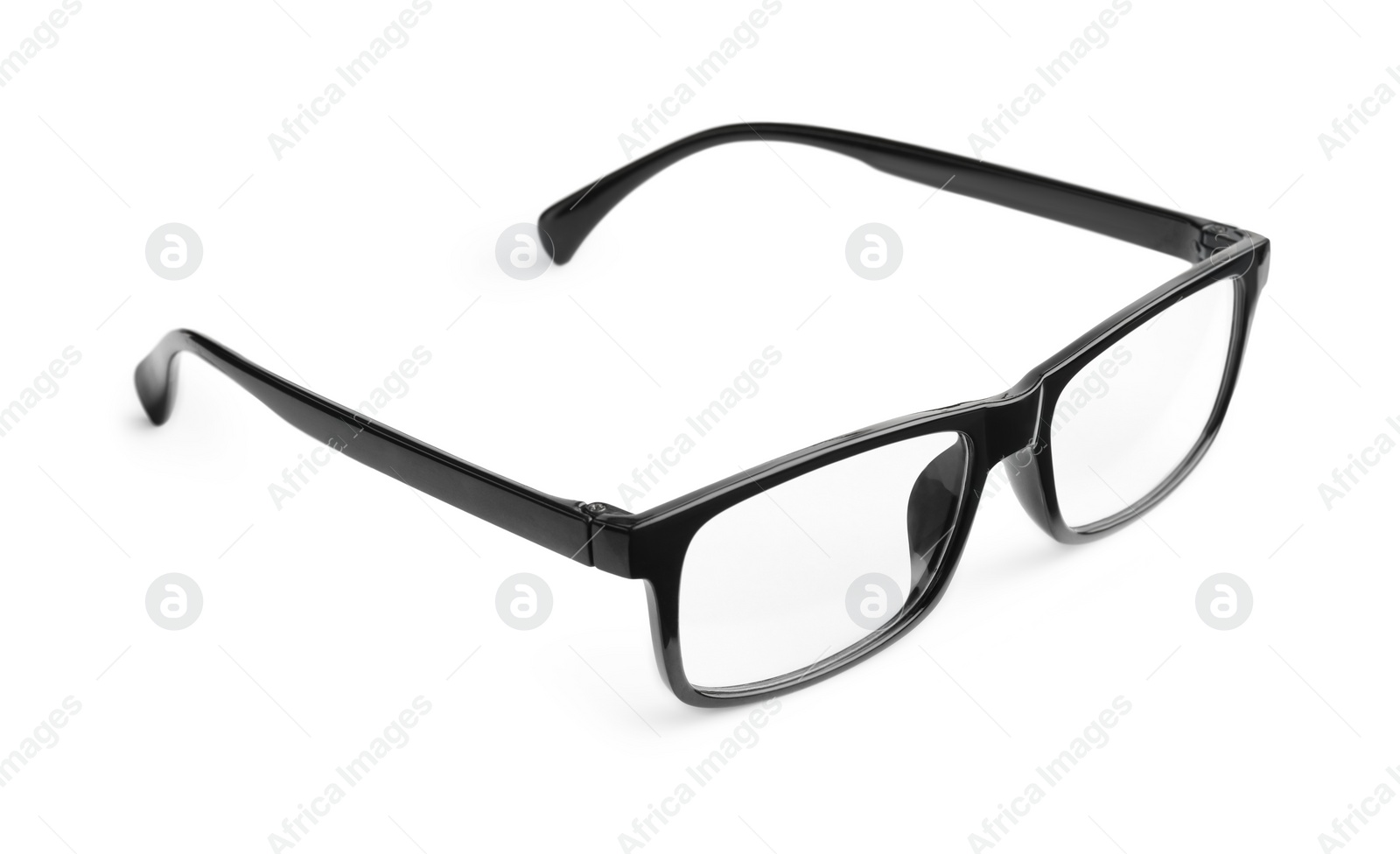 Photo of Stylish glasses with black frame isolated on white