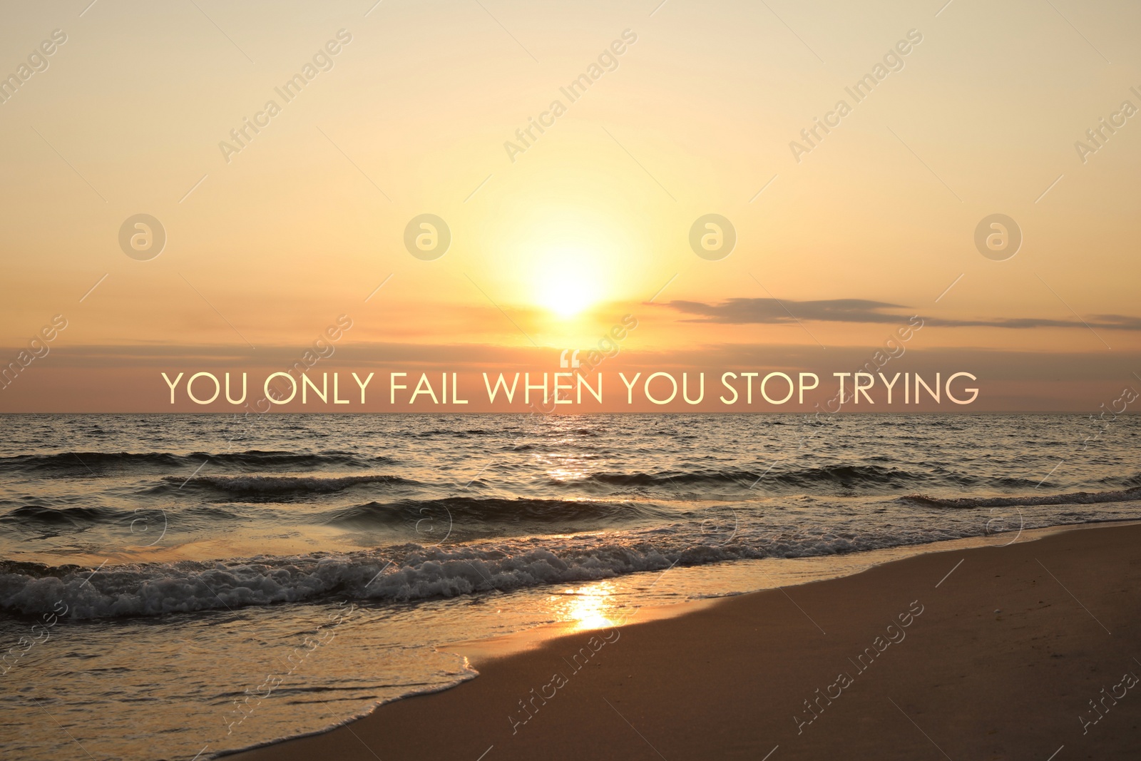 Image of You Only Fail When You Stop Trying. Inspirational quote motivating not to despair and keep on moving forward. Text against beautiful seascape during sunrise