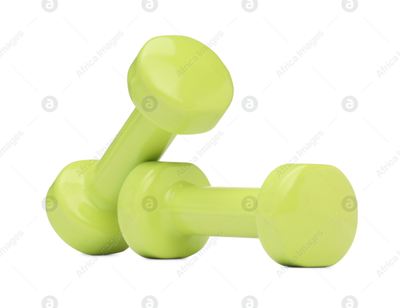 Photo of Light green dumbbells isolated on white. Sports equipment