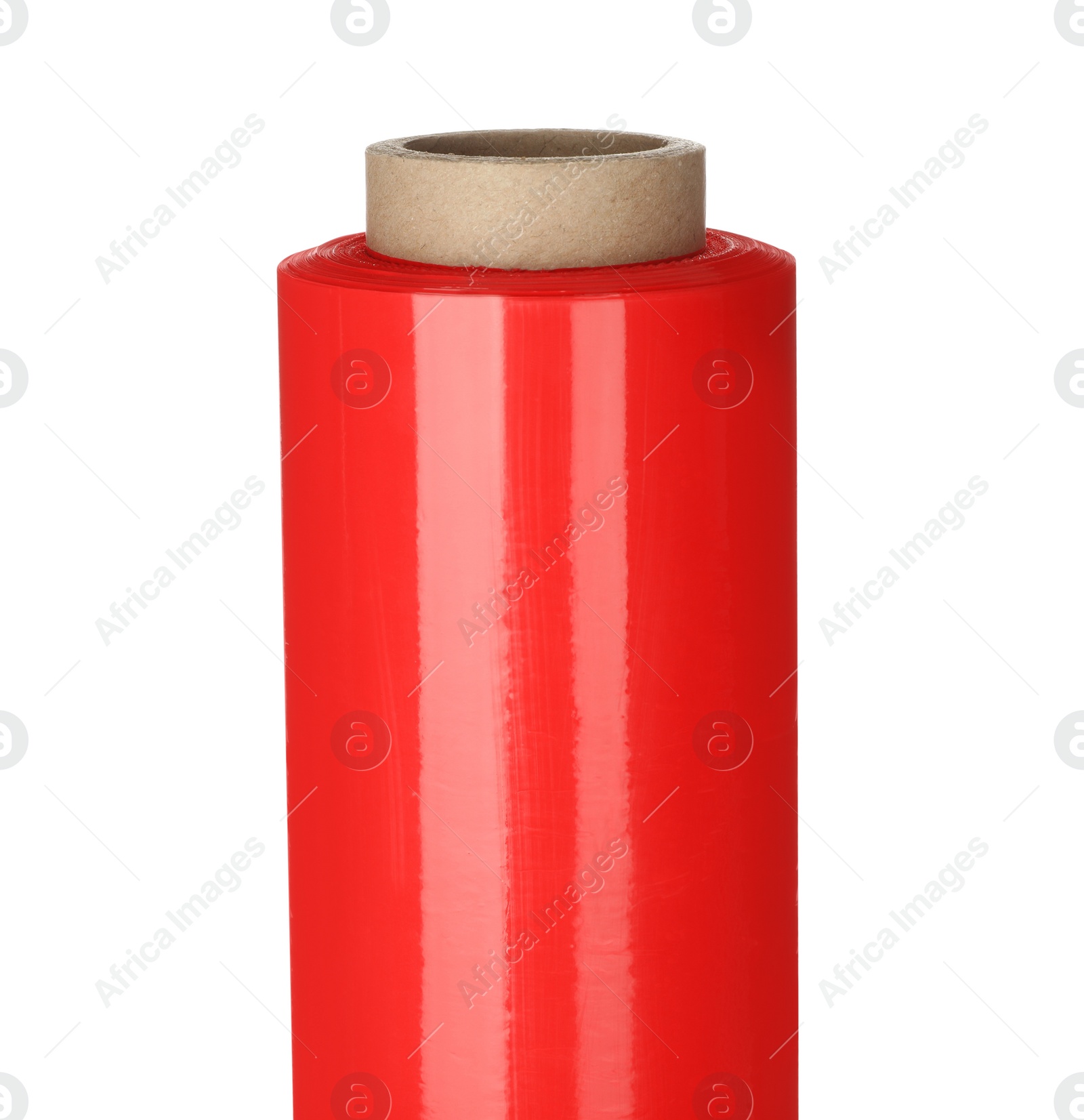 Photo of Roll of red plastic stretch wrap film isolated on white