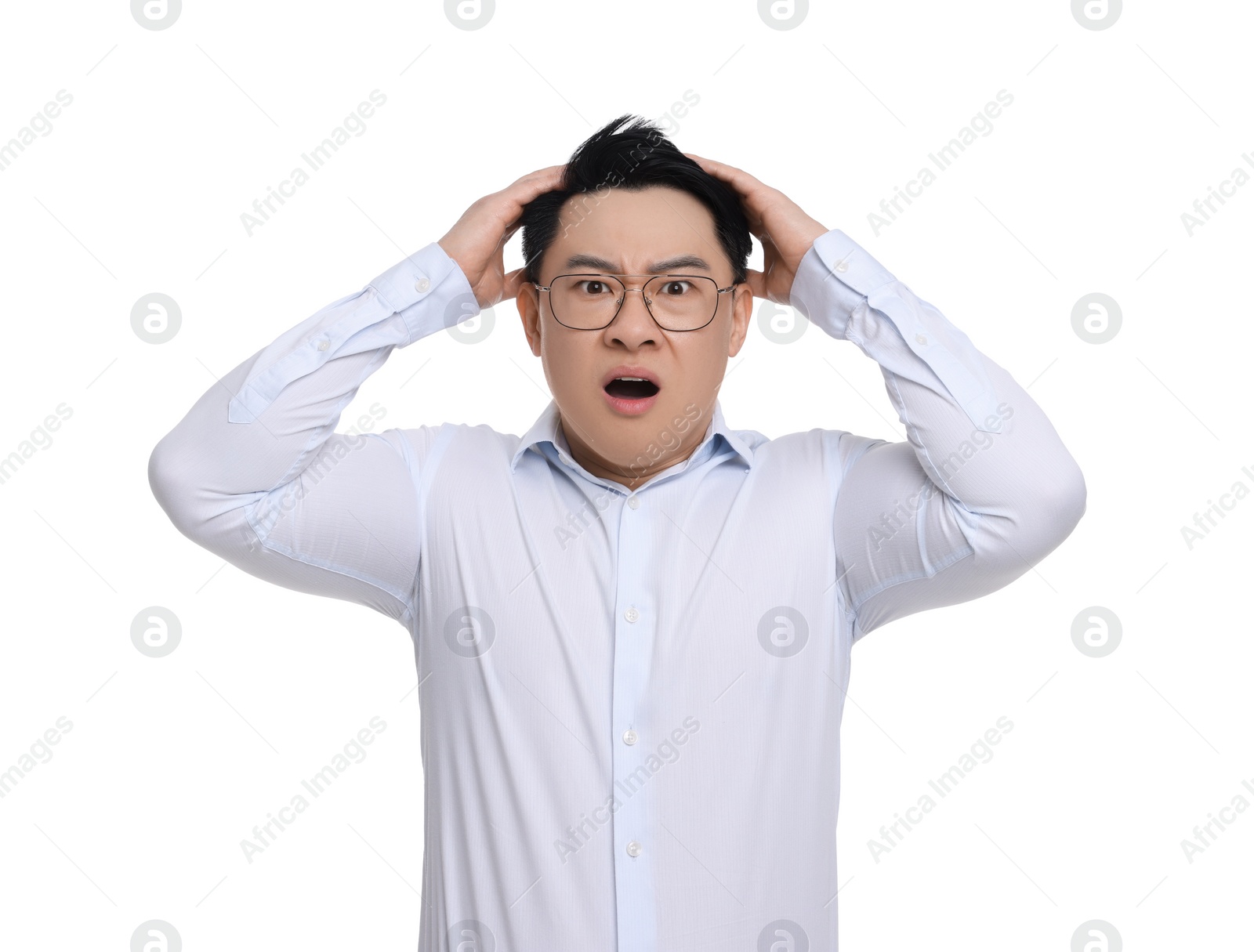 Photo of Confused businessman in formal clothes wearing glasses on white background