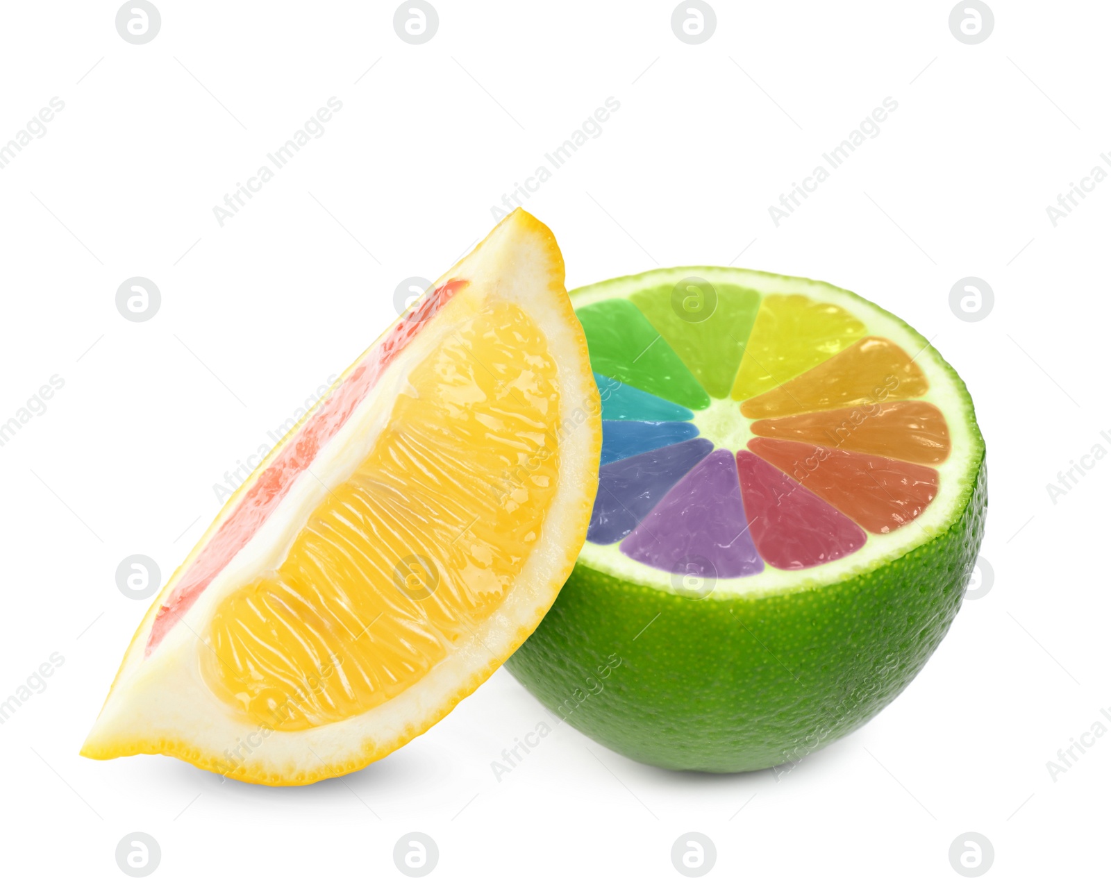 Image of Fresh lemon and lime with rainbow segments on white background. Brighten your life