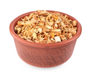 Photo of Bowl of dried orange zest seasoning isolated on white