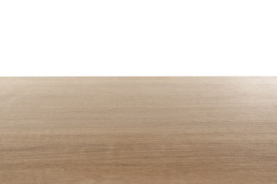 Stylish wooden table top against white background