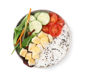 Delicious poke bowl with vegetables, tofu and mesclun isolated on white, top view