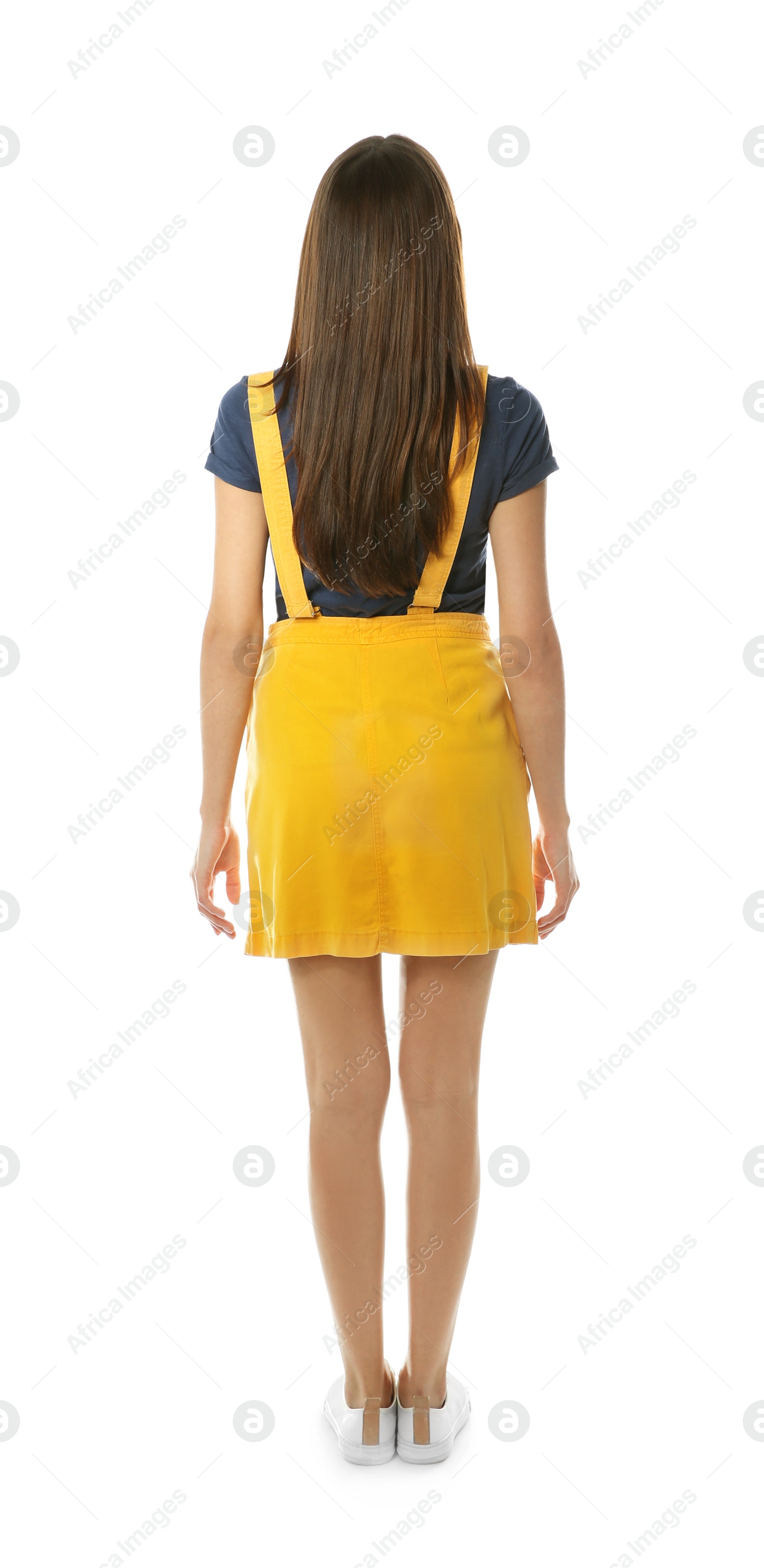 Photo of Brunette woman with long hair posing on white background