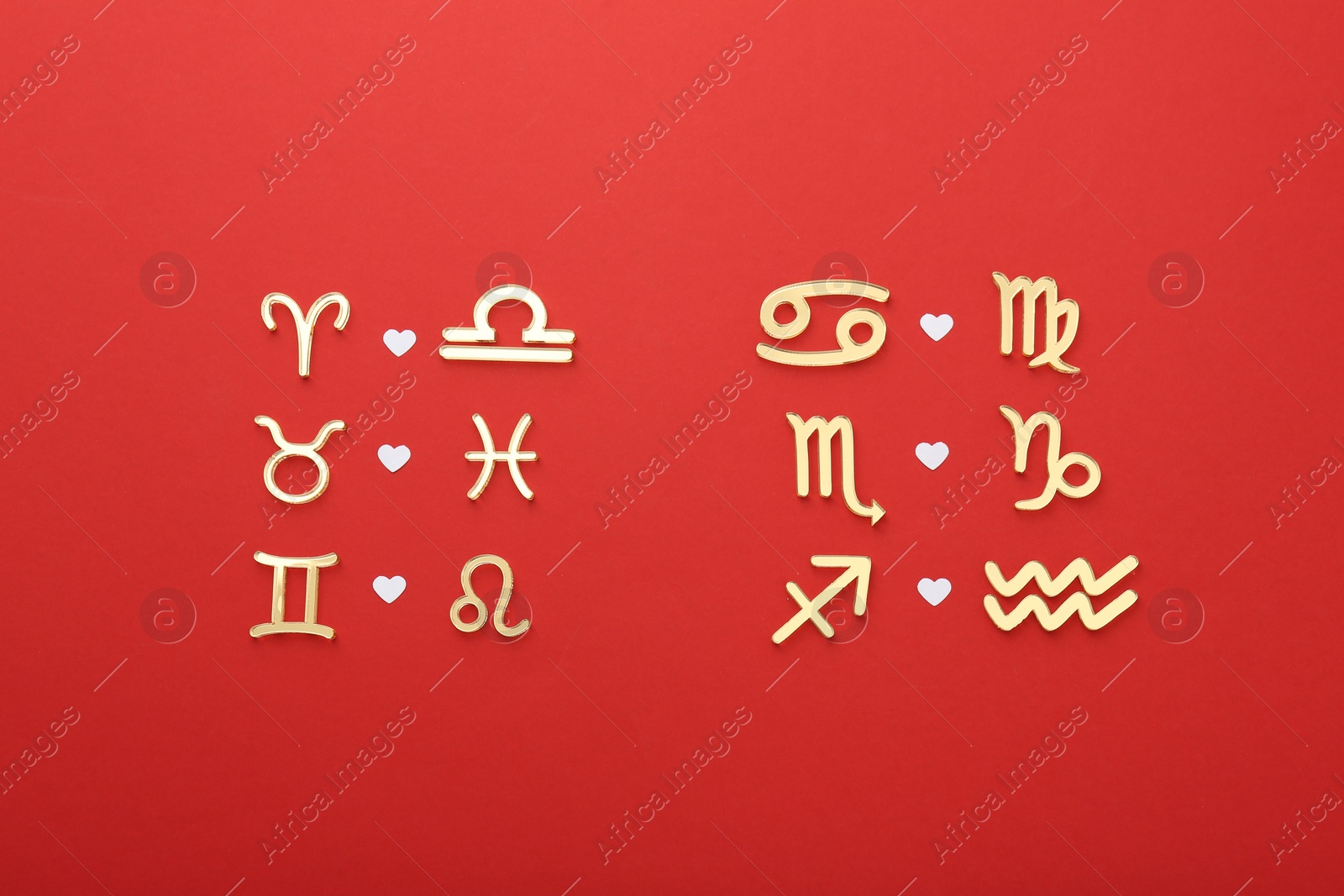 Photo of Zodiac signs compatibility on red background, flat lay