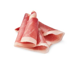 Slices of delicious jamon on white background