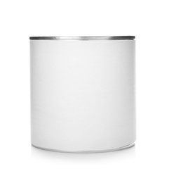 Photo of Mockup of tin can on white background