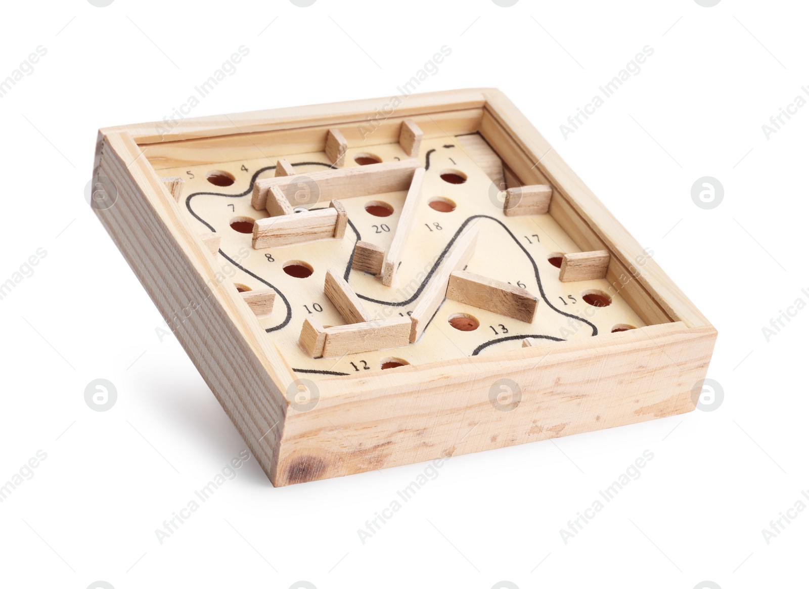 Photo of Wooden toy maze isolated on white. Puzzle game
