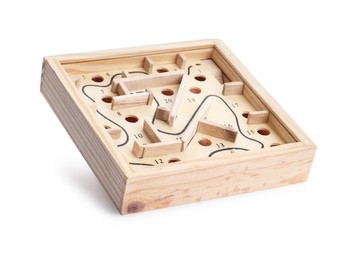 Photo of Wooden toy maze isolated on white. Puzzle game