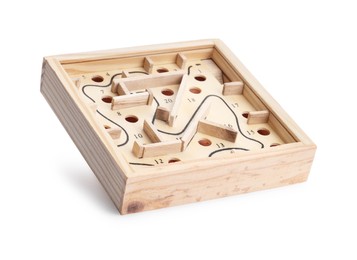 Wooden toy maze isolated on white. Puzzle game