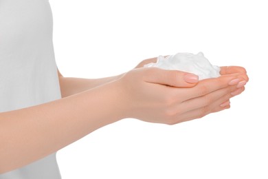 Woman with bath foam on white background, closeup