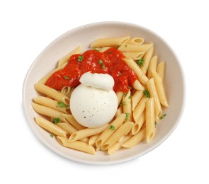 Photo of Delicious pasta with burrata cheese and sauce in bowl isolated on white, top view