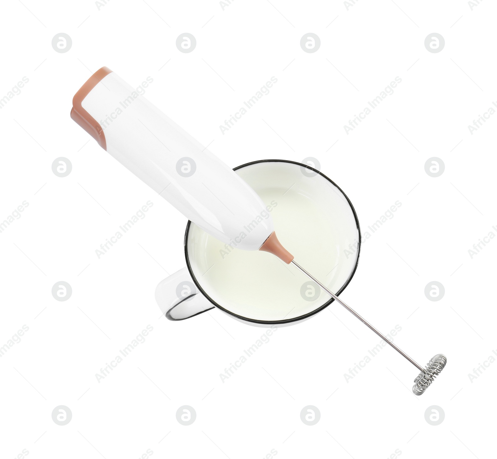 Photo of Milk frother wand and cup isolated on white, top view