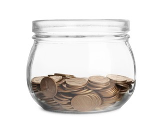 Glass jar with coins isolated on white