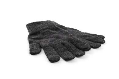 Photo of Grey woolen gloves on white background. Winter clothes