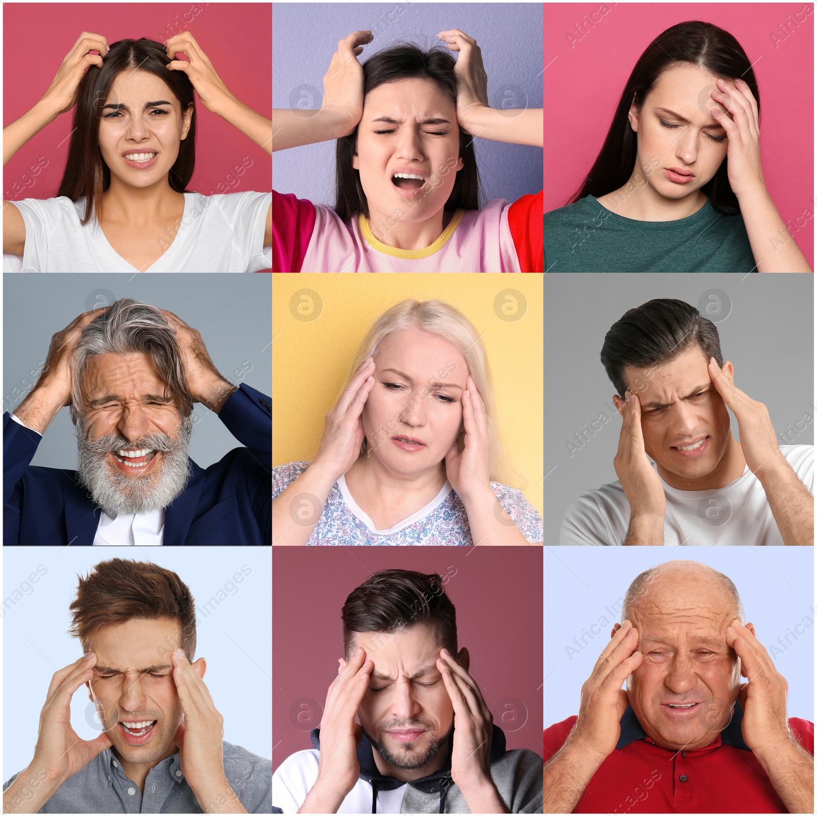 Image of Collage with stressed people on different color backgrounds