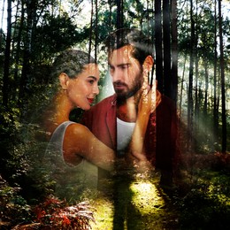 Double exposure of affectionate couple and beautiful forest