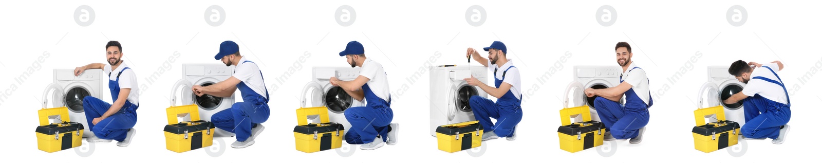 Image of Collage with photos of plumber on white background. Banner design 