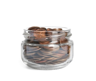 Photo of Glass jar with coins on white background. Money saving concept