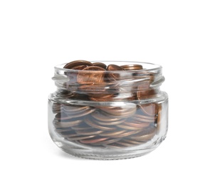 Glass jar with coins on white background. Money saving concept