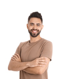 Portrait of handsome smiling man isolated on white