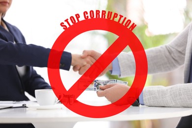 Image of Stop corruption. Illustration of red prohibition sign and man giving bribe to woman at table in office, closeup