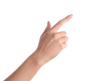 Photo of Woman pointing to something on white background, closeup