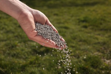 Man fertilizing green grass on sunny day, closeup