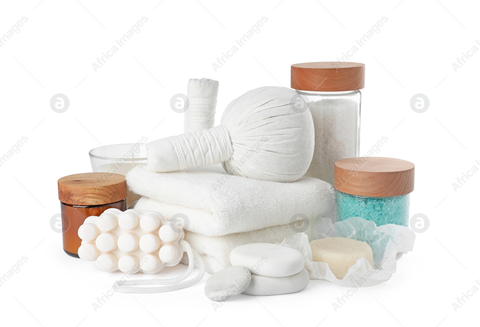 Photo of Beautiful composition with different spa products on white background