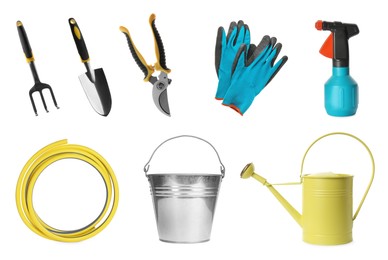 Image of Set with different gardening tools on white background