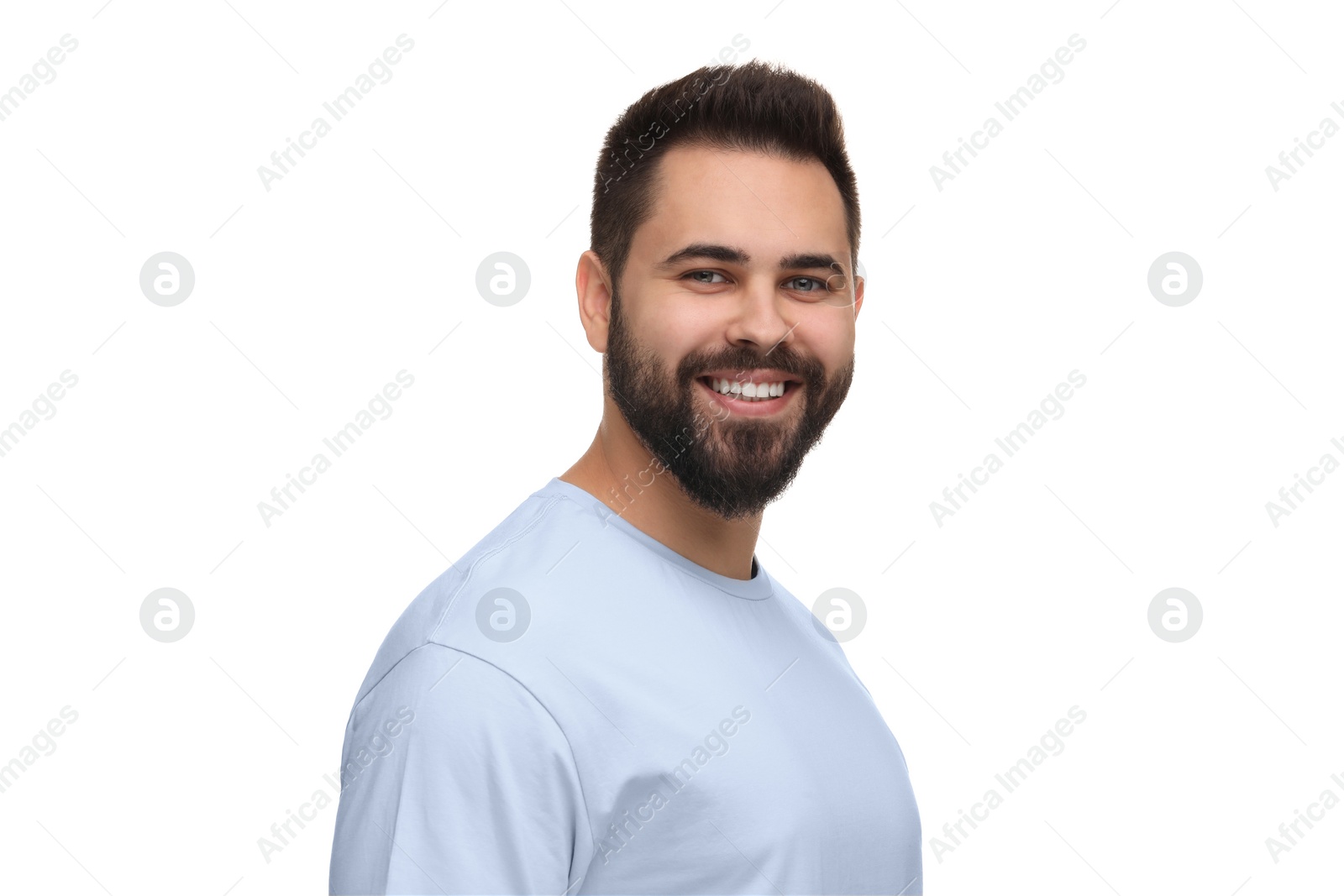 Photo of Man with clean teeth smiling on white background