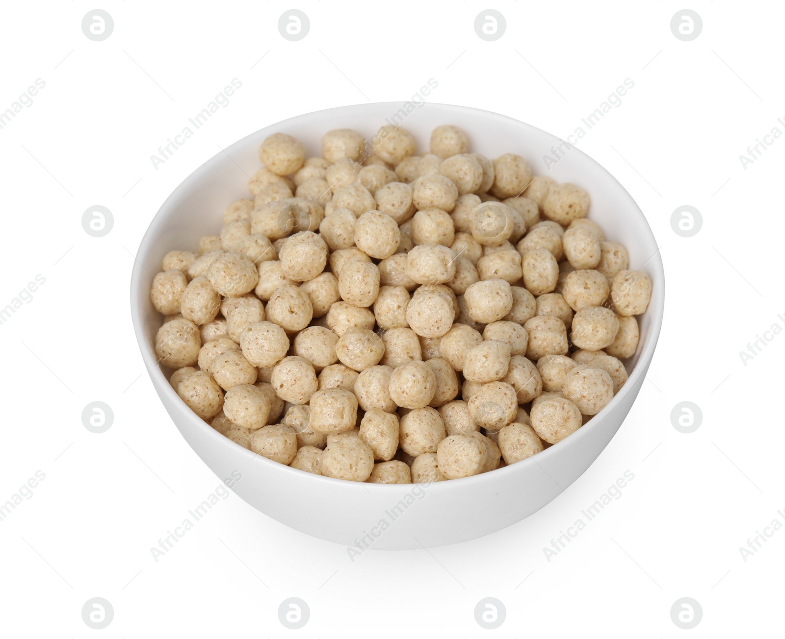 Photo of Tasty sweet cereal balls in bowl isolated on white