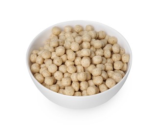 Photo of Tasty sweet cereal balls in bowl isolated on white