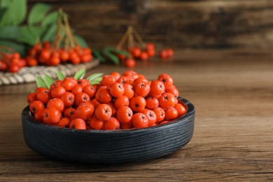 Plate with fresh ripe rowan berries on wooden table, space for text