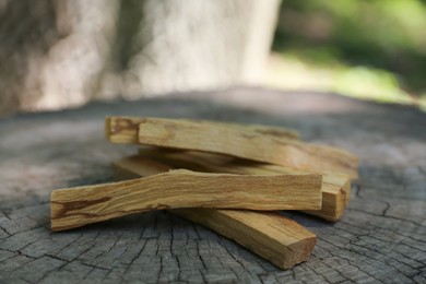 Photo of Palo santo sticks on wooden stump outdoors, closeup