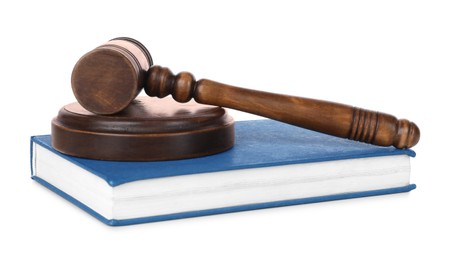 Photo of Wooden gavel and book on white background