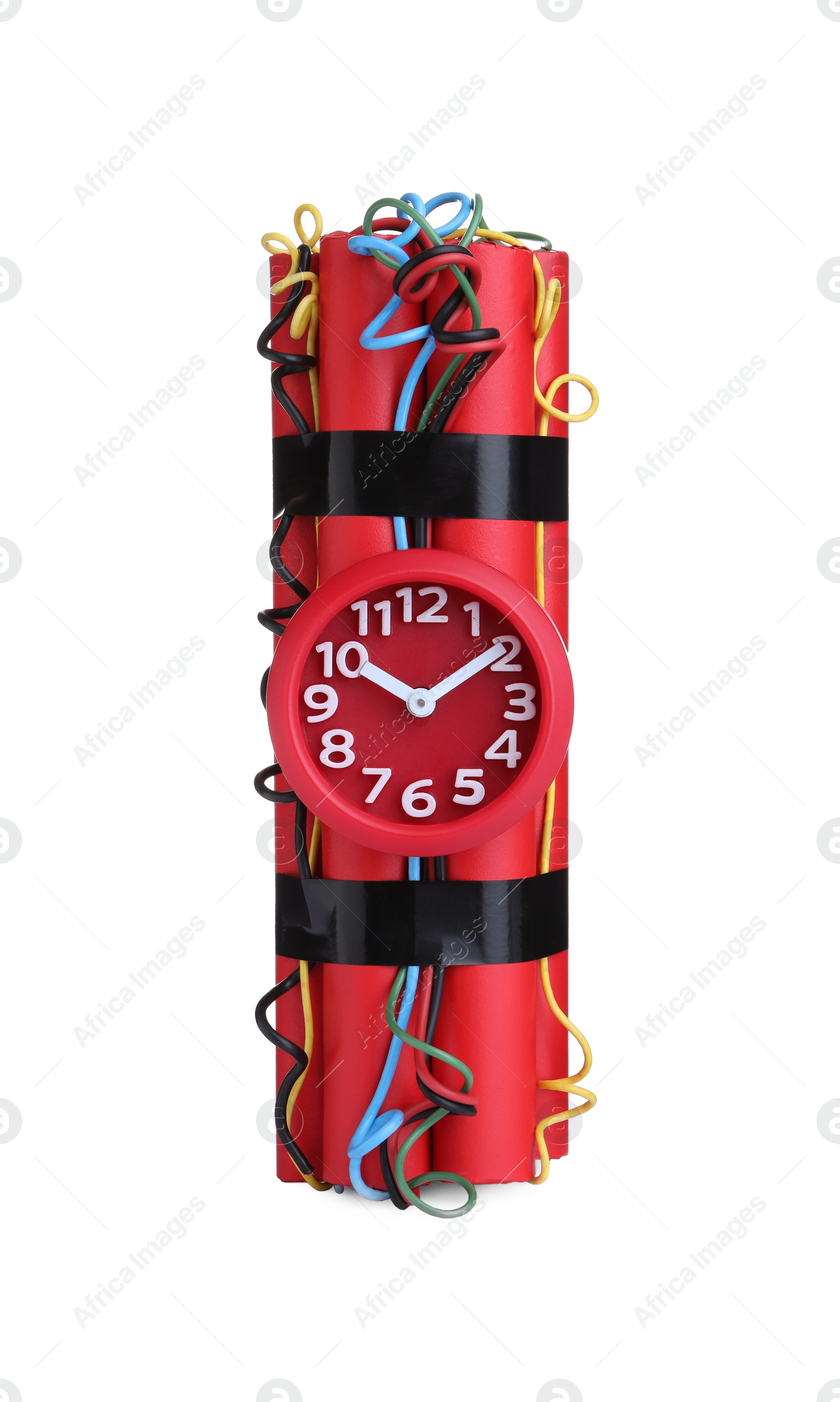 Photo of Explosive dynamite time bomb on white background